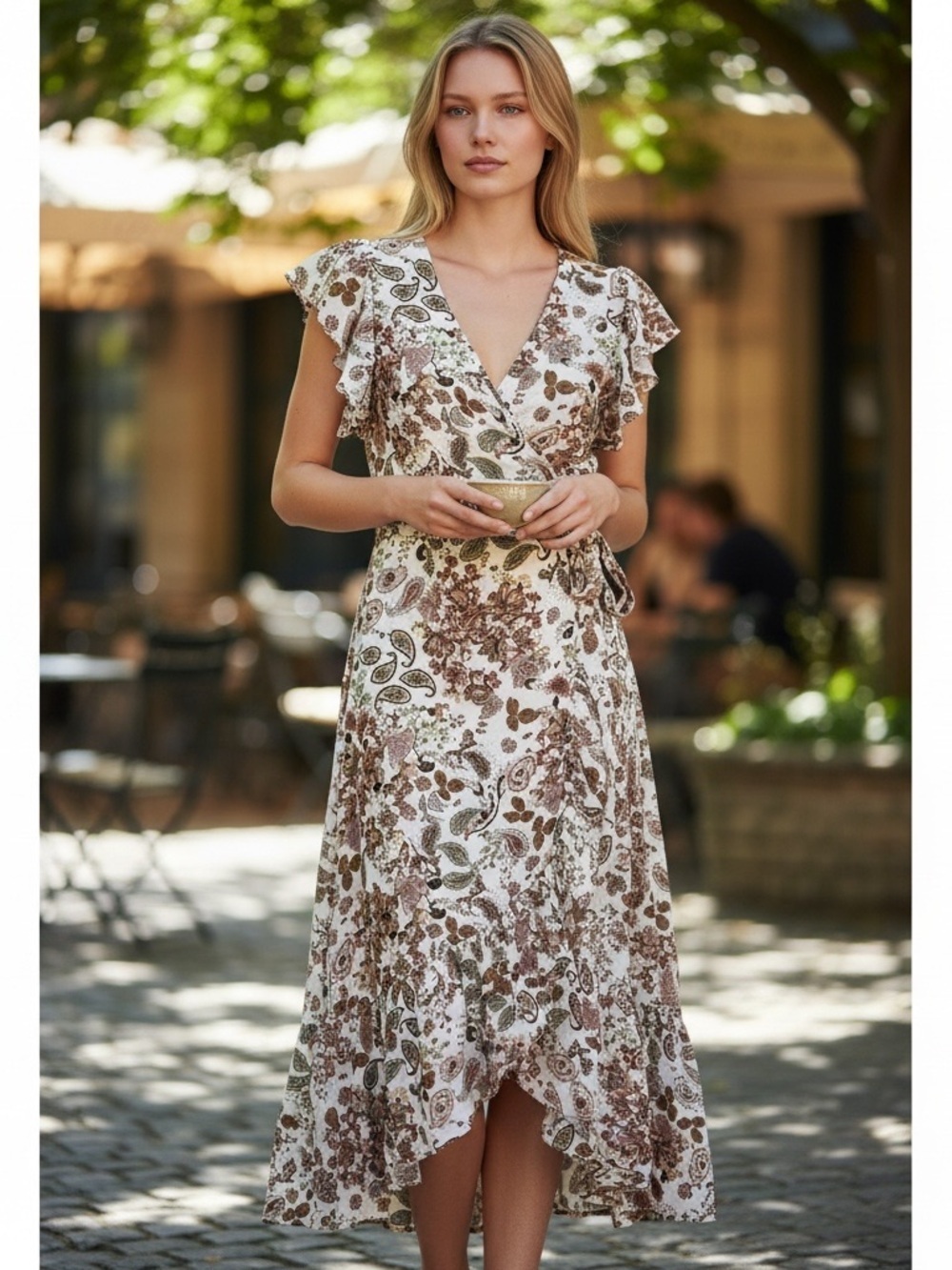 DREW Brown Floral Wrap Riffled Midi Dress NWT